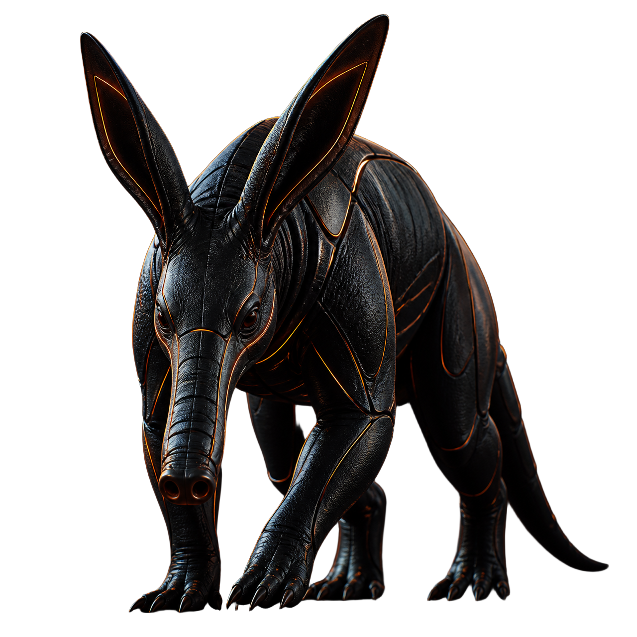 Futuristic obsidian aardvark with glowing orange highlights