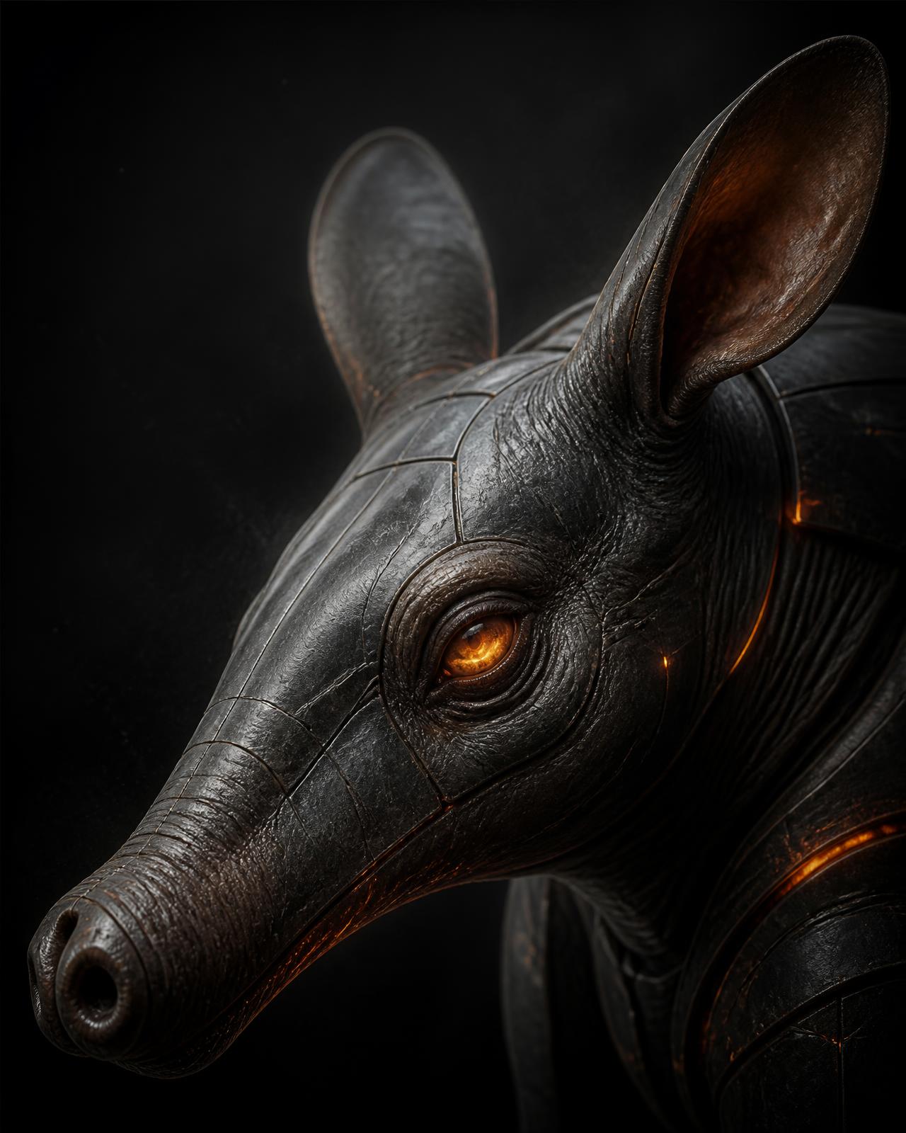 Close-up profile of the AARDVARK character with glowing orange eye